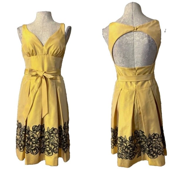 Kay Unger SILK Dress 4 Yellow Black A Line Belted Bra Open Back - Picture 1 of 9